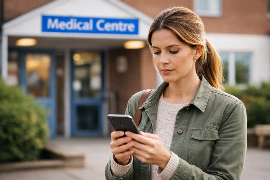 Woman pondering decisions outside a medical centre